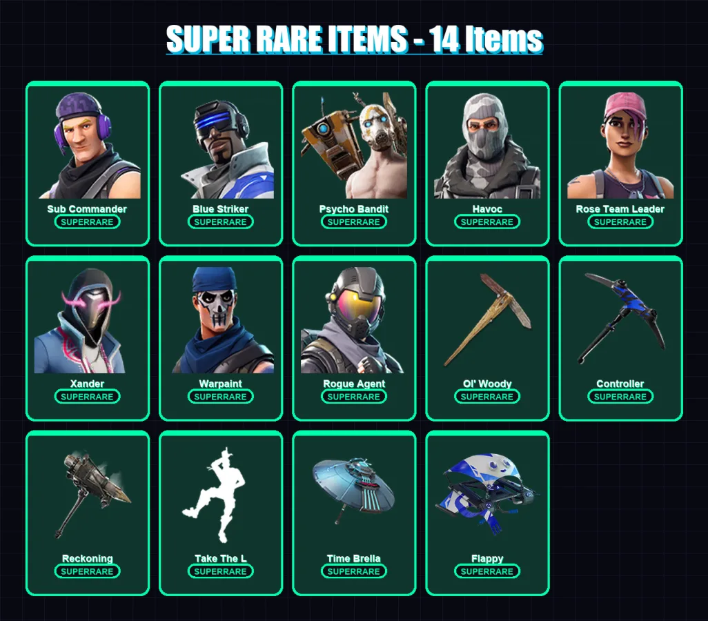 [PC/XBOX/PSN] | Sub Commander | Blue Striker | Psycho Bandit | Havoc | Rose Team Leader | 122 skin | 119 pickaxe | 112 emote | 102 glider | Lv1566
