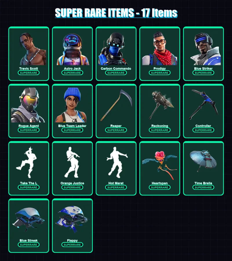 [PC] | Travis Scott | Astro Jack | Carbon Commando | Prodigy | Blue Striker | 201 skin | 122 pickaxe | 137 emote | 113 glider | Lv1282 — Fortnite account