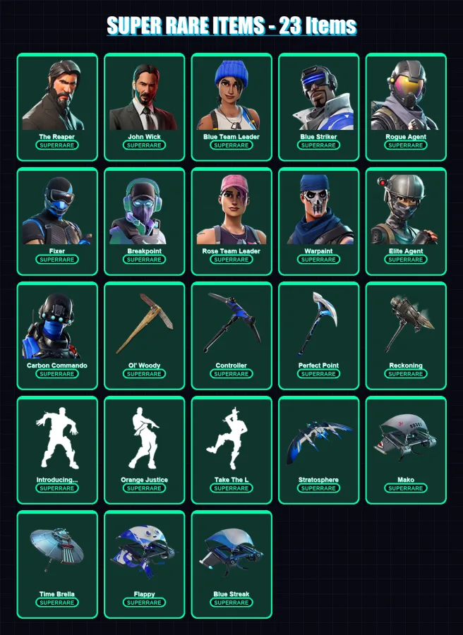 [PS4/PS5/XBOX/PC] | The Reaper | John Wick | Blue Team Leader | Blue Striker | Rogue Agent | 118 skin | 115 pickaxe | 117 emote | 114 glider | Lv190