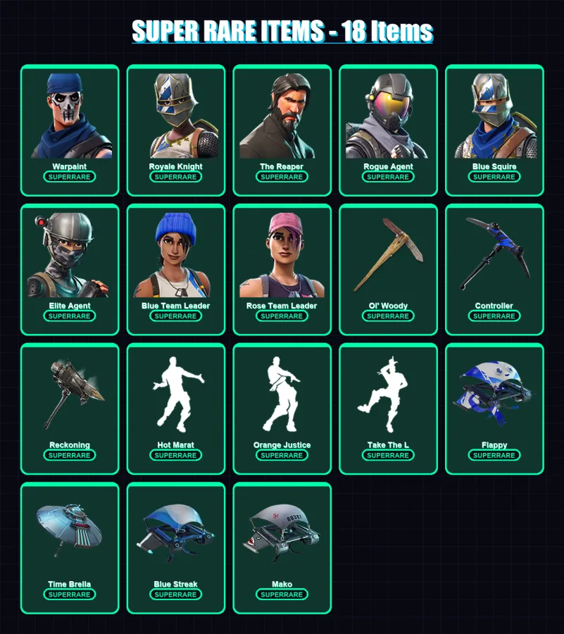 [PC/XBOX] | Warpaint | Royale Knight | The Reaper | Rogue Agent | Blue Squire | 115 skin | 94 pickaxe | 91 emote | 110 glider | Lv1239