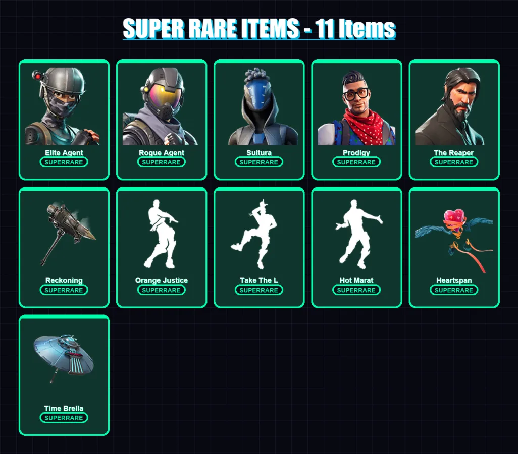 [PS4/PS5/XBOX/PC] | Elite Agent | Rogue Agent | Sultura | Prodigy | The Reaper | 55 skin | 54 pickaxe | 66 emote | 68 glider | Lv1185