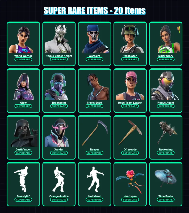 [PC/XBOX/PSN] | World Warrior | Rogue Spider Knight | Warpaint | Trailblazer | Major Glory | 353 skin | 263 pickaxe | 170 emote | 192 glider | Lv256