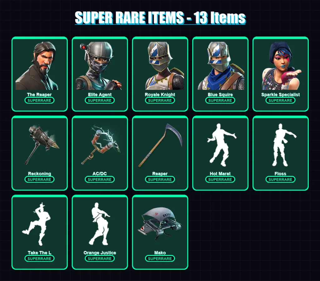 [PC/XBOX/PSN] | The Reaper | Elite Agent | Royale Knight | Blue Squire | Sparkle Specialist | 37 skin | 32 pickaxe | 47 emote | 41 glider | Lv686