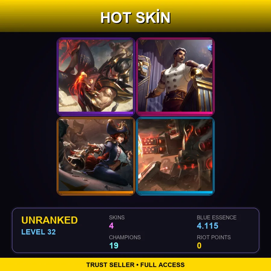 EUW | Lv32 | Unranked | 4 Skin | 19 Champ — LoL account