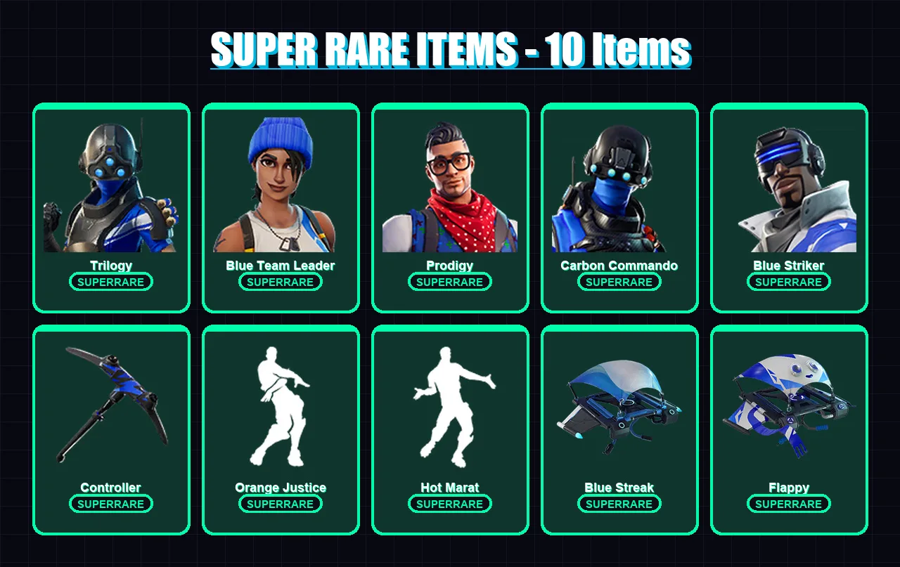 [PS4/PS5/XBOX/PC] | Trilogy | Blue Team Leader | Prodigy | Carbon Commando | Blue Striker | 7 skin | 10 pickaxe | 15 emote | 16 glider | Lv360