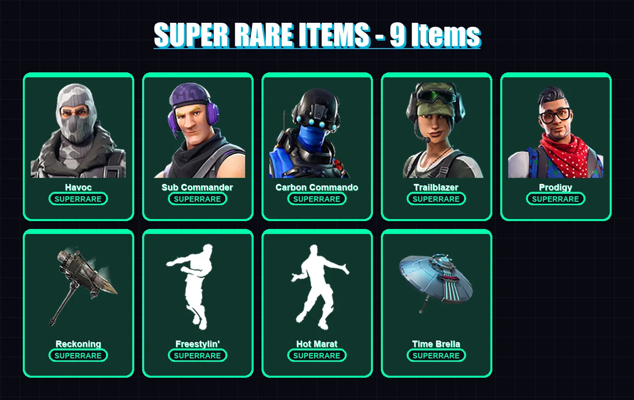 [PS4/PS5/PC] | Havoc | Sub Commander | Carbon Commando | Trailblazer | Prodigy | 62 skin | 67 pickaxe | 72 emote | 69 glider | Lv1075