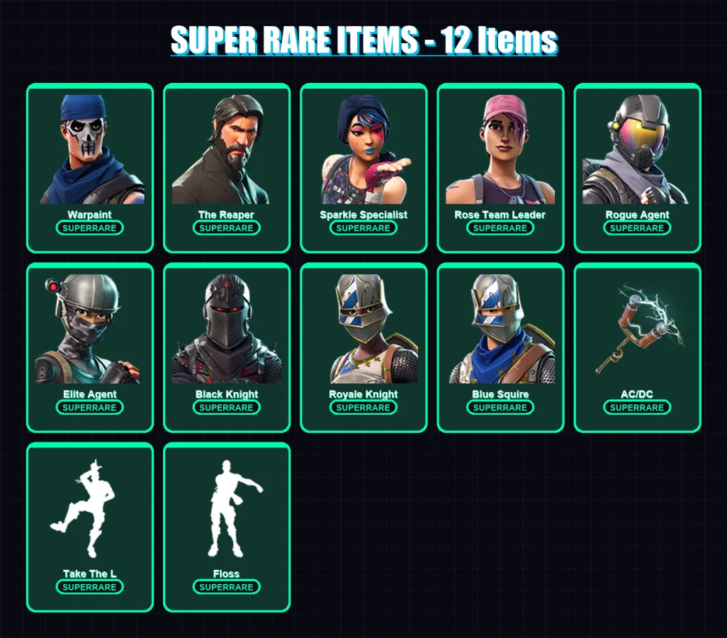 [PC/XBOX/PSN] | Warpaint | The Reaper | Sparkle Specialist | Rose Team Leader | Rogue Agent | 15 skin | 10 pickaxe | 13 emote | 12 glider | Lv114