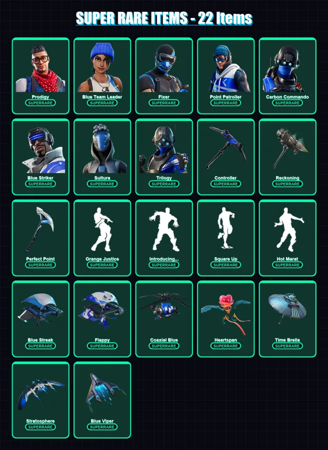 [PS4/PS5/XBOX/PC] | Prodigy | Blue Team Leader | Fixer | Point Patroller | Carbon Commando | 57 skin | 87 pickaxe | 75 emote | 84 glider | Lv1032