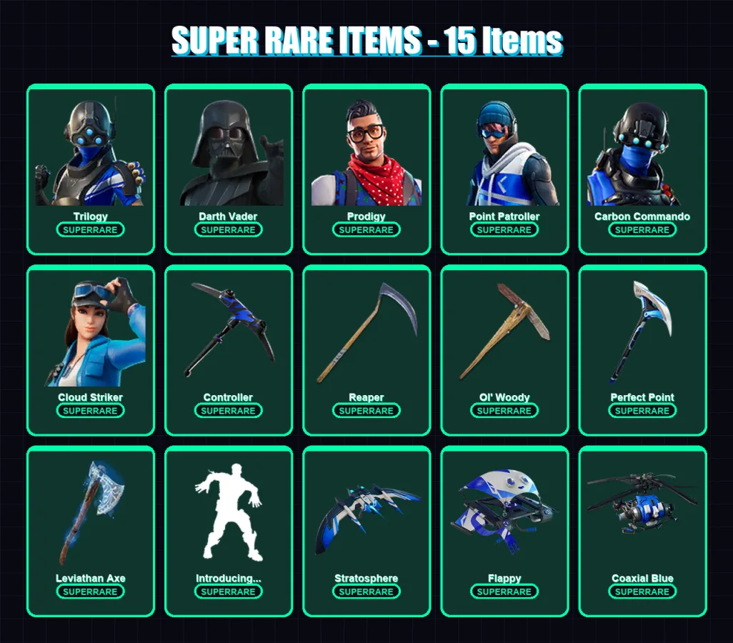 [PC/XBOX] | Trilogy | Darth Vader | Prodigy | Point Patroller | Carbon Commando | 118 skin | 110 pickaxe | 83 emote | 87 glider | Lv1672