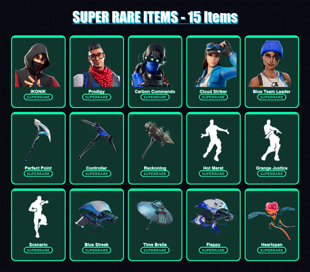 [PC/XBOX] | IKONIK | Prodigy | Carbon Commando | Cloud Striker | Blue Team Leader | 107 skin | 98 pickaxe | 107 emote | 100 glider | Lv1557