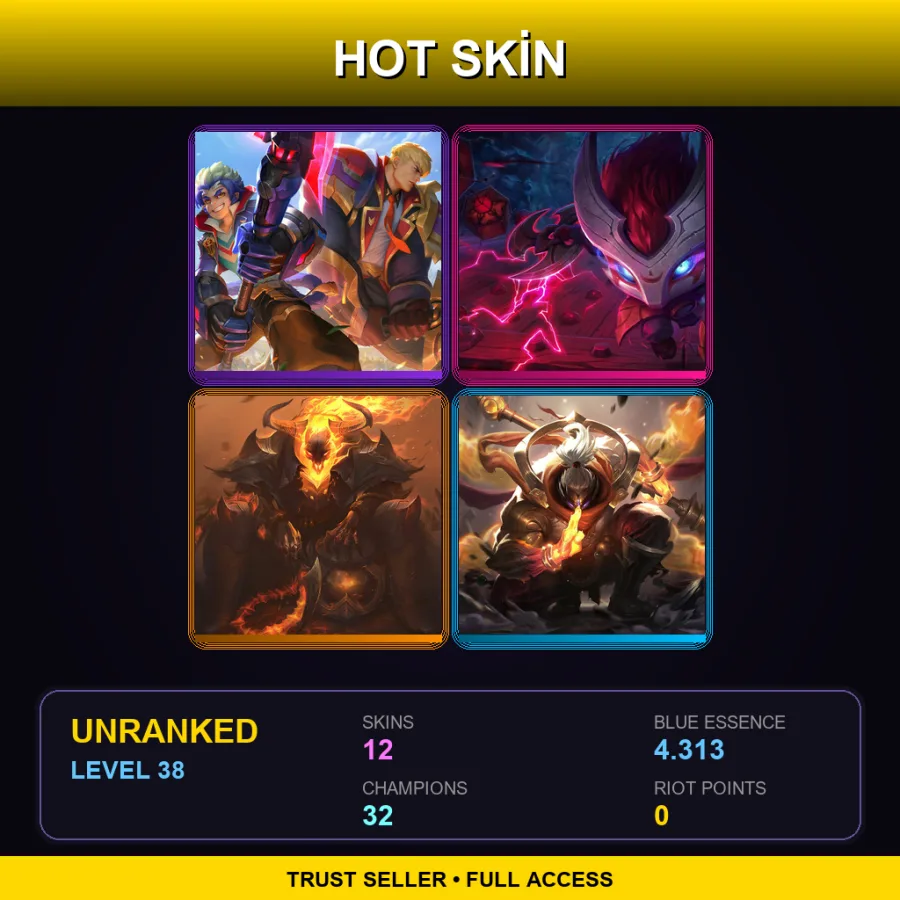 LAS | Battle Academia Garen | Blood Moon Kennen | High Noon Thresh | God Staff Jax | 12 Skin | 32 Champ | Lv38