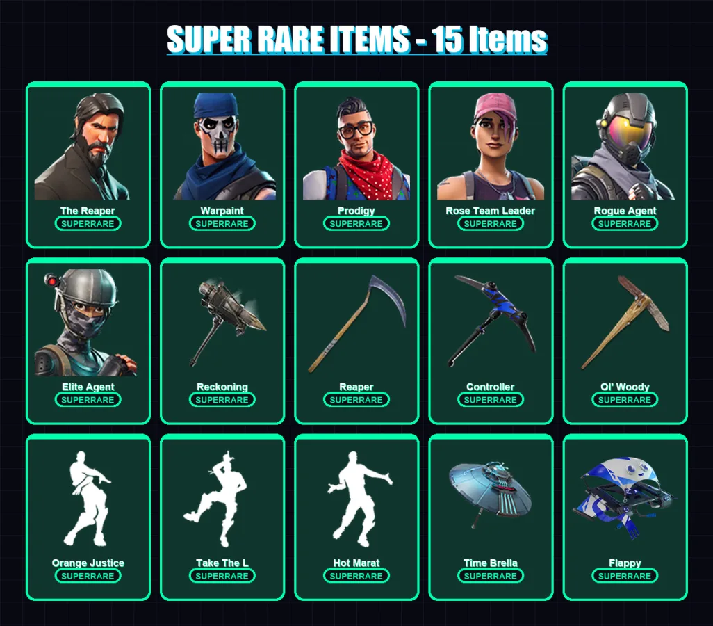 [PS4/PS5/XBOX/PC] | The Reaper | Warpaint | Prodigy | Rose Team Leader | Rogue Agent | 57 skin | 51 pickaxe | 56 emote | 67 glider | Lv996