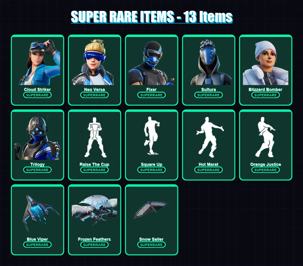 [SWITCH/XBOX/PSN/PC] | Cloud Striker | Neo Versa | Fixer | Sultura | Blizzard Bomber | 48 skin | 50 pickaxe | 83 emote | 59 glider | Lv875