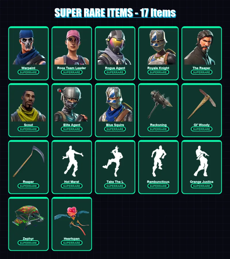 [PC/XBOX/PSN] | Warpaint | Rose Team Leader | Rogue Agent | Royale Knight | The Reaper | 144 skin | 92 pickaxe | 61 emote | 73 glider | Lv730 — Fortnite account