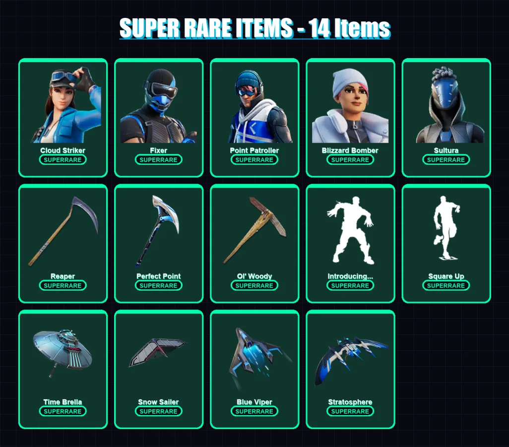 [PC/XBOX/PSN] | Cloud Striker | Fixer | Point Patroller | Blizzard Bomber | Sultura | 110 skin | 117 pickaxe | 94 emote | 83 glider | Lv1288