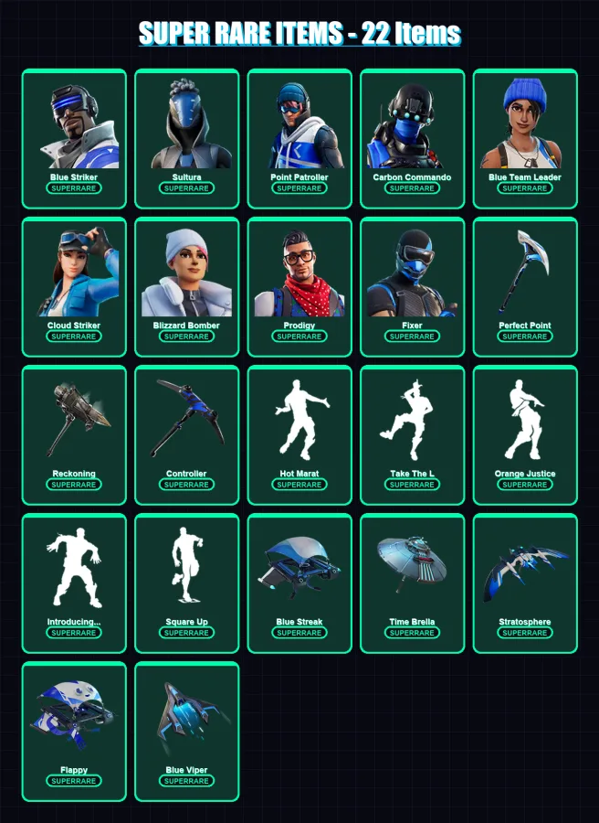 [PC/XBOX] | Blue Striker | Sultura | Point Patroller | Carbon Commando | Blue Team Leader | 166 skin | 181 pickaxe | 142 emote | 165 glider | Lv2431