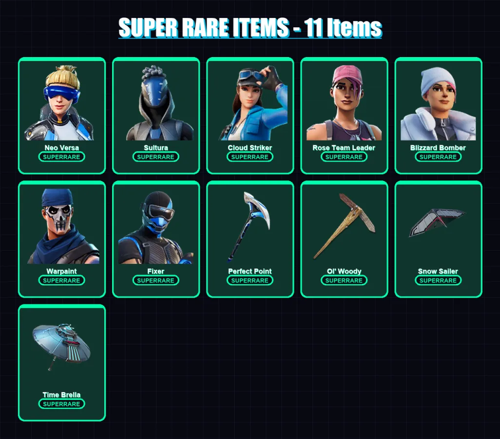 [PC/XBOX] | Neo Versa | Sultura | Cloud Striker | Rose Team Leader | Blizzard Bomber | 130 skin | 183 pickaxe | 139 emote | 145 glider | Lv2642