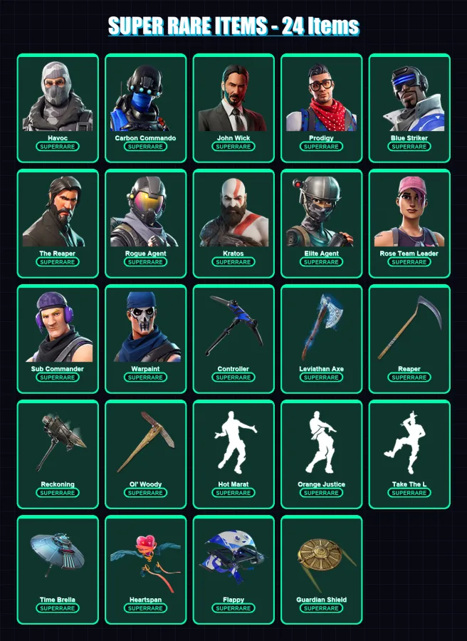 [PC] | Havoc | Carbon Commando | John Wick | Prodigy | Blue Striker | 474 skin | 376 pickaxe | 291 emote | 206 glider | Lv2338 — Fortnite account
