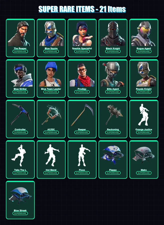 [PC/XBOX/PSN] | The Reaper | Blue Squire | Sparkle Specialist | Black Knight | Rogue Agent | 85 skin | 42 pickaxe | 55 emote | 39 glider | Lv579