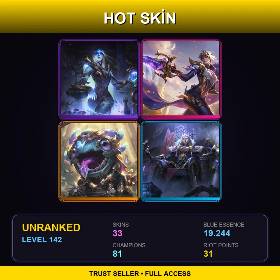 LAN | Lv142 | Unranked | 33 Skin | 81 Champ — LoL account