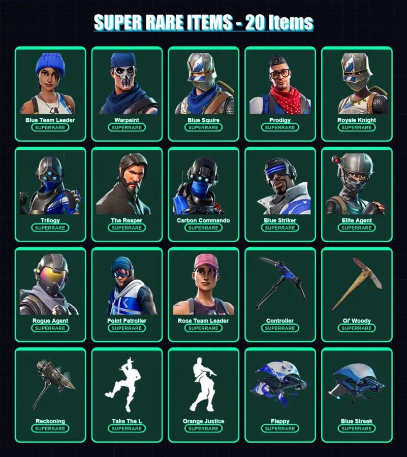 [PC/XBOX] | Blue Team Leader | Warpaint | Blue Squire | Prodigy | Royale Knight | 106 skin | 119 pickaxe | 119 emote | 101 glider | Lv1452