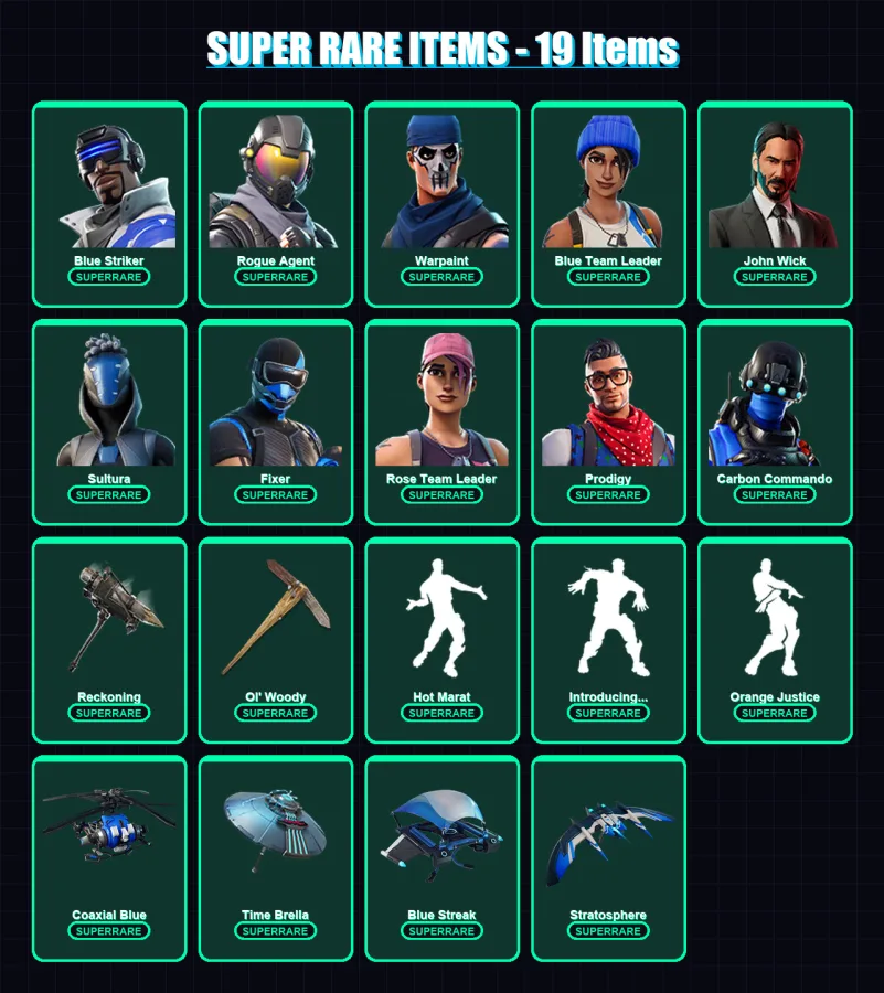 [PS4/PS5/XBOX/PC] | Blue Striker | Rogue Agent | Warpaint | Blue Team Leader | John Wick | 101 skin | 88 pickaxe | 96 emote | 106 glider | Lv1193