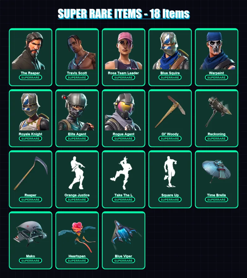 [PS4/PS5/XBOX/PC] | The Reaper | Travis Scott | Rose Team Leader | Blue Squire | Warpaint | 116 skin | 111 pickaxe | 105 emote | 121 glider | Lv1621