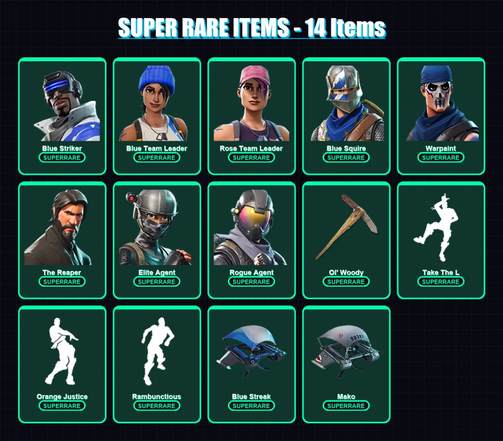 [PS4/PS5/XBOX/PC] | Blue Striker | Blue Team Leader | Rose Team Leader | Blue Squire | Warpaint | 31 skin | 21 pickaxe | 34 emote | 28 glider | Lv31