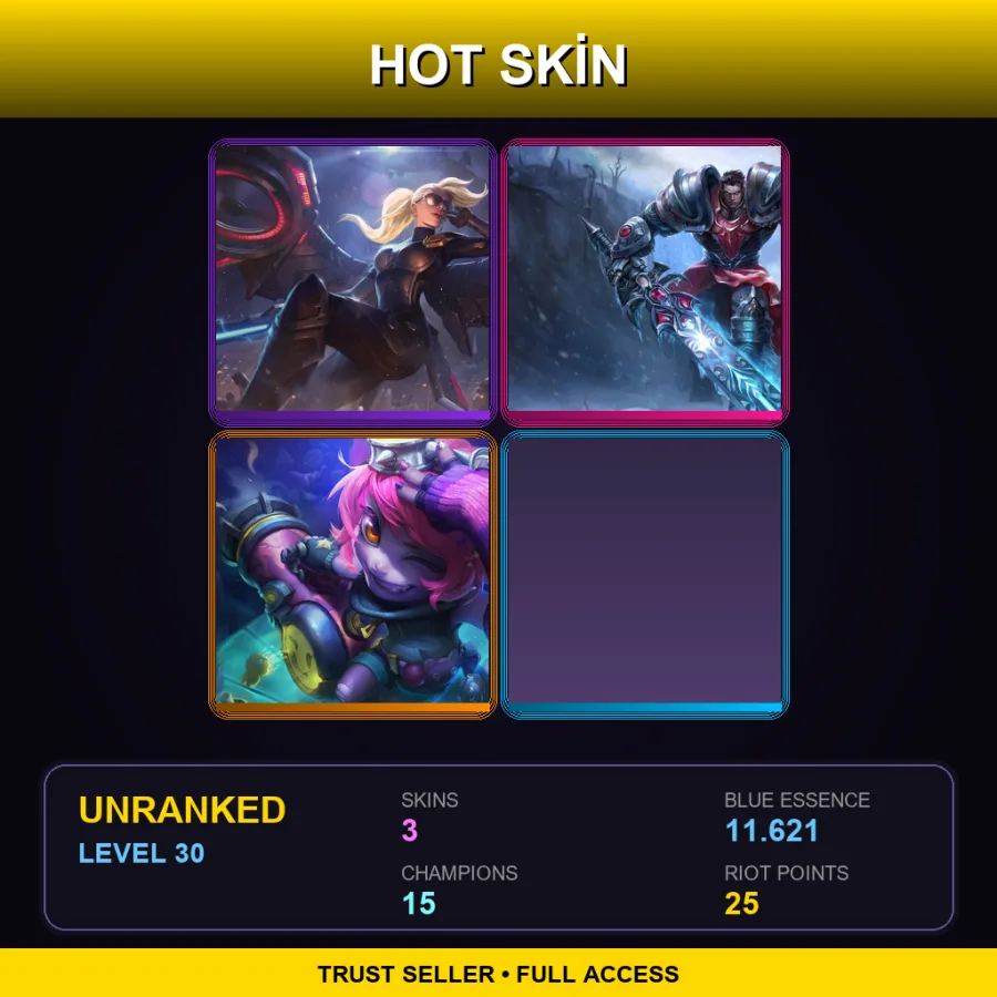 LAN | Riot Kayle | Dreadknight Garen | Riot Girl Tristana | 3 Skin | 15 Champ | Lv30