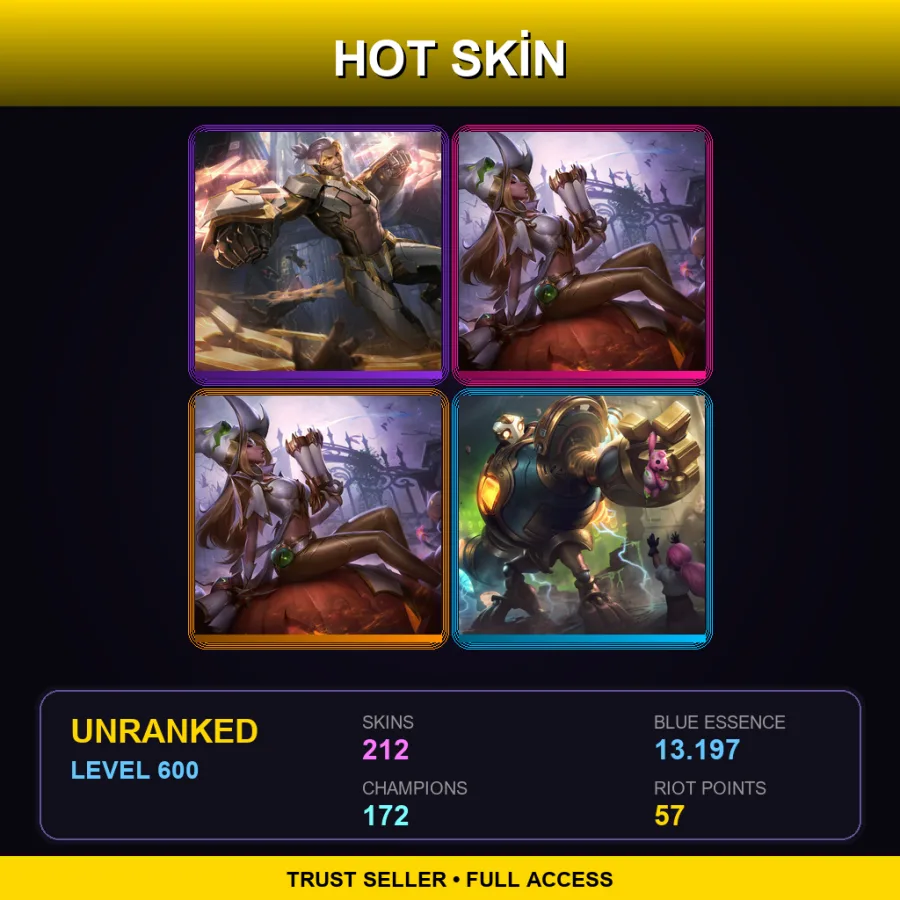 LAN | Lv600 | Unranked | 212 Skin | 172 Champ — LoL account