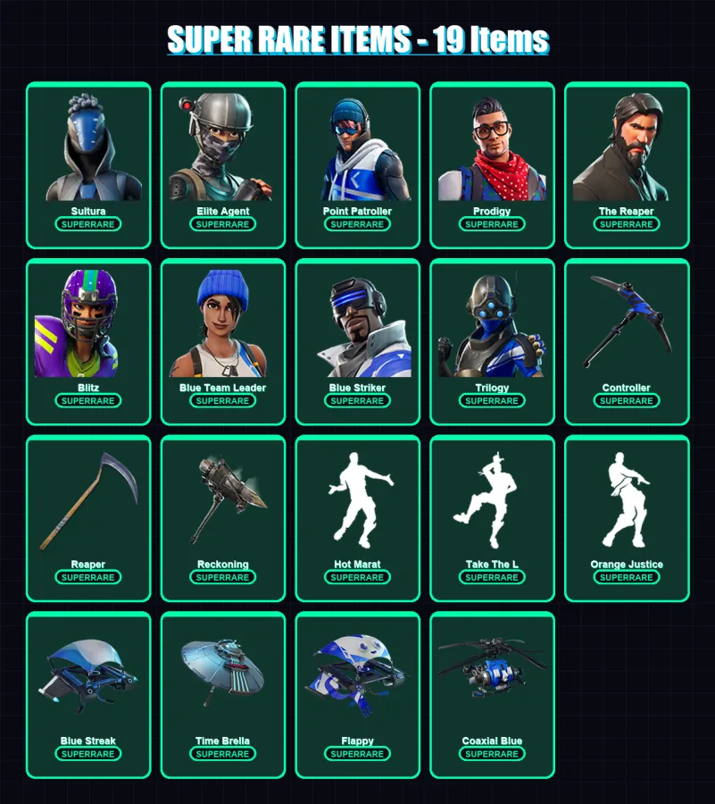 [PS4/PS5/XBOX/PC] | Sultura | Elite Agent | Point Patroller | Prodigy | The Reaper | 126 skin | 125 pickaxe | 108 emote | 98 glider | Lv1578