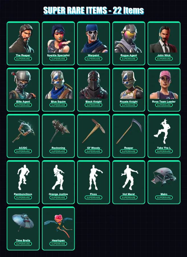 [PC/XBOX] | The Reaper | Sparkle Specialist | Warpaint | Rogue Agent | John Wick | 116 skin | 76 pickaxe | 107 emote | 80 glider | Lv967