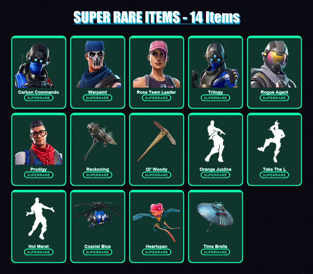 [PC/XBOX] | Carbon Commando | Warpaint | Rose Team Leader | Trilogy | Rogue Agent | 92 skin | 102 pickaxe | 89 emote | 105 glider | Lv1371