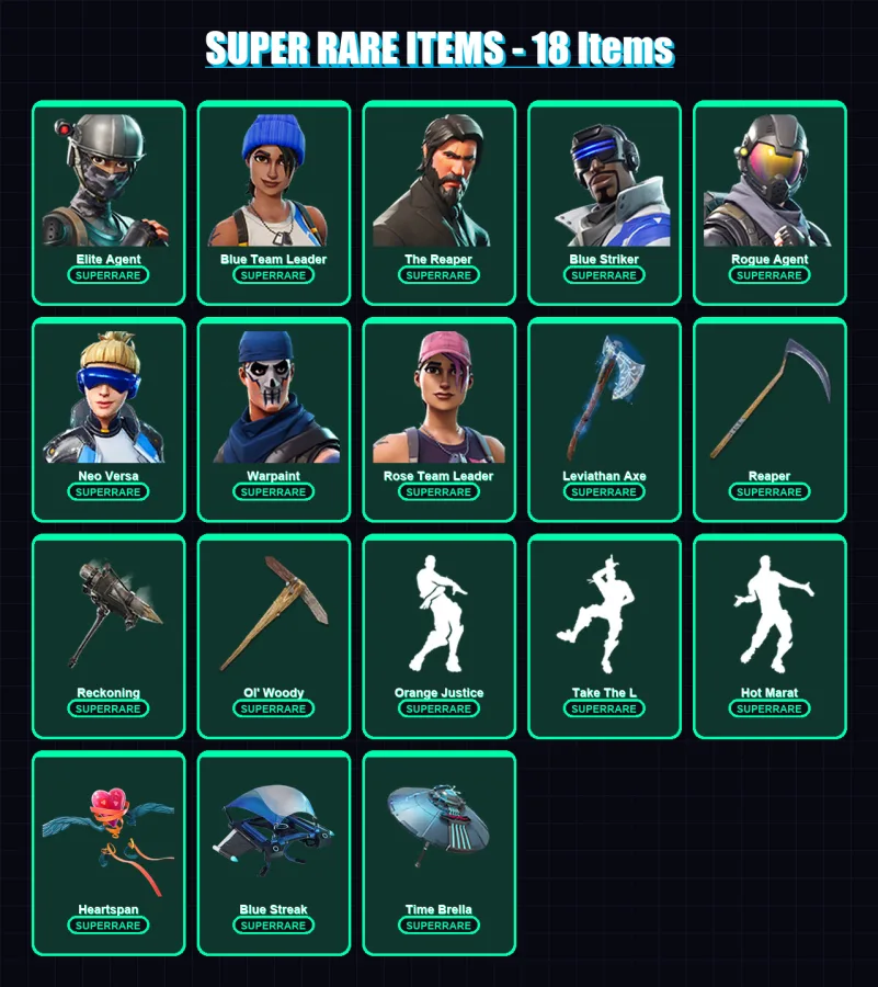 [PC] | Elite Agent | Blue Team Leader | The Reaper | Blue Striker | Rogue Agent | 150 skin | 172 pickaxe | 167 emote | 154 glider | Lv3376
