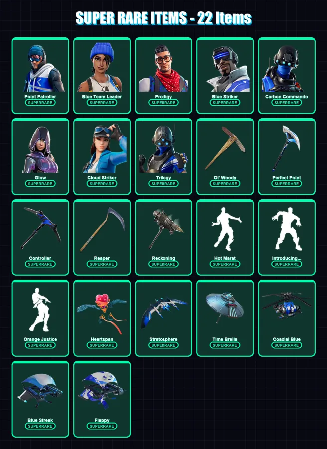 [PC/XBOX] | Point Patroller | Blue Team Leader | Prodigy | Blue Striker | Carbon Commando | 91 skin | 105 pickaxe | 88 emote | 116 glider | Lv1583 — Fortnite account