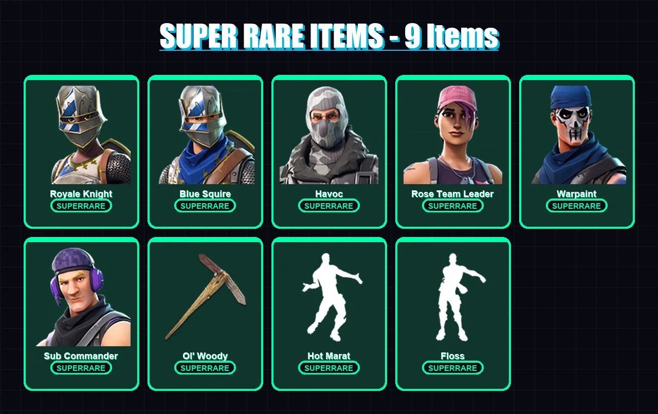 [PC/XBOX] | Royale Knight | Blue Squire | Havoc | Rose Team Leader | Warpaint | 12 skin | 15 pickaxe | 19 emote | 15 glider | Lv206