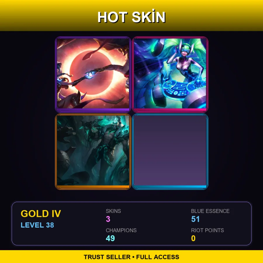 EUW | Cosmic Dusk Xayah | DJ Sona | Ruined Draven | 3 Skin | 49 Champ | Gold IV | Lv38