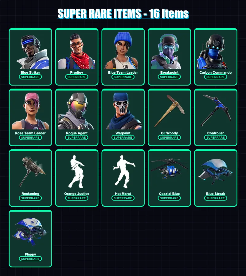 [PS4/PS5/XBOX/PC] | Blue Striker | Prodigy | Blue Team Leader | Breakpoint | Carbon Commando | 126 skin | 105 pickaxe | 82 emote | 96 glider | Lv131