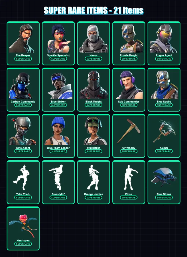 [PS4/PS5/XBOX/PC] | The Reaper | Sparkle Specialist | Havoc | Royale Knight | Rogue Agent | 42 skin | 51 pickaxe | 50 emote | 48 glider | Lv666
