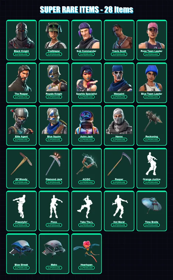 [PC/XBOX] | Black Knight | Trailblazer | Sub Commander | Travis Scott | Rose Team Leader | 161 skin | 147 pickaxe | 137 emote | 164 glider | Lv2527