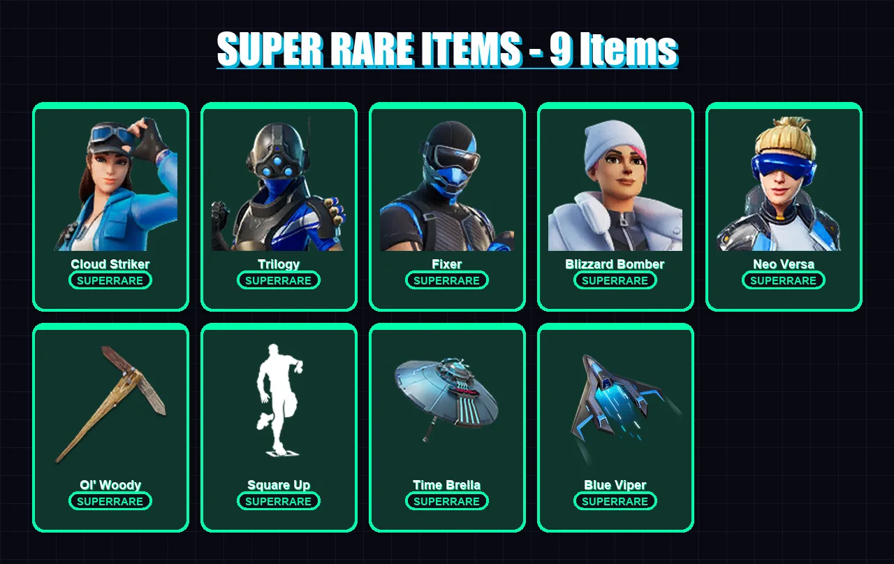 [PS4/PS5/XBOX/PC] | Cloud Striker | Trilogy | Fixer | Blizzard Bomber | Neo Versa | 65 skin | 84 pickaxe | 80 emote | 81 glider | Lv1657