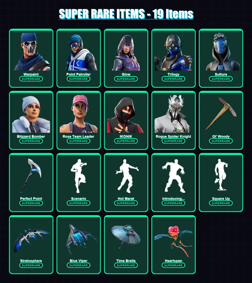 [PC/XBOX/PSN] | Warpaint | Point Patroller | Glow | Trilogy | Sultura | 90 skin | 118 pickaxe | 99 emote | 97 glider | Lv970