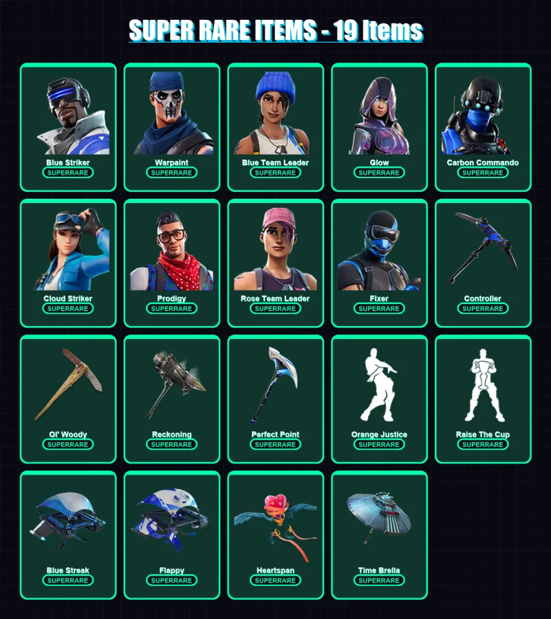 [PS4/PS5/XBOX/PC] | Blue Striker | Warpaint | Blue Team Leader | Glow | Carbon Commando | 196 skin | 212 pickaxe | 180 emote | 193 glider | Lv2549