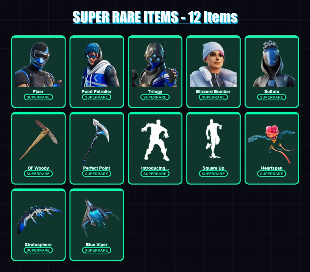 [PS4/PS5/XBOX/PC] | Fixer | Point Patroller | Trilogy | Blizzard Bomber | Sultura | 63 skin | 70 pickaxe | 67 emote | 71 glider | Lv990