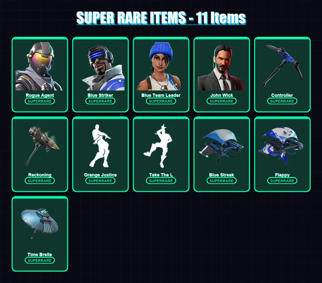 [PC/XBOX] | Rogue Agent | Blue Striker | Blue Team Leader | John Wick | Rox | 45 skin | 51 pickaxe | 60 emote | 54 glider | Lv676