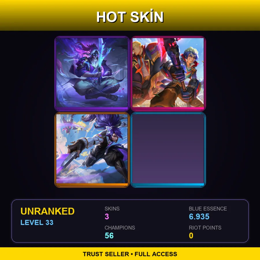 VN | Lv33 | Unranked | 3 Skin | 56 Champ — LoL account
