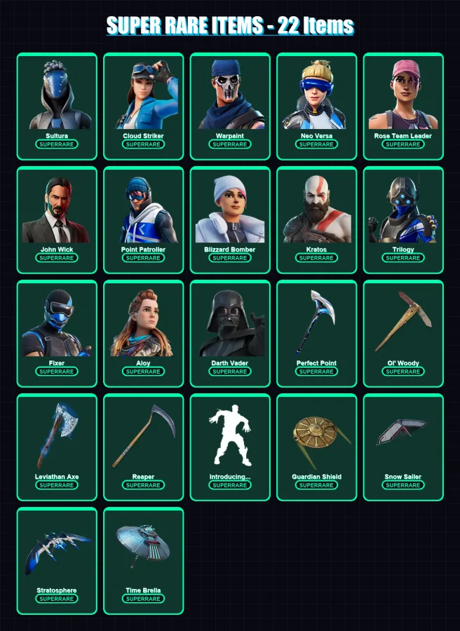 [PS4/PS5/XBOX/PC] | Sultura | Cloud Striker | Warpaint | Neo Versa | Rose Team Leader | 176 skin | 166 pickaxe | 155 emote | 124 glider | Lv2164