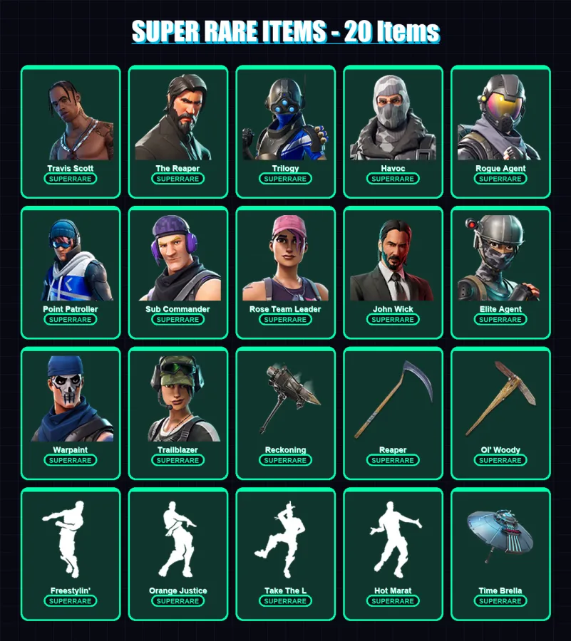 [PC] | Travis Scott | The Reaper | Trilogy | Havoc | Rogue Agent | 164 skin | 132 pickaxe | 140 emote | 120 glider | Lv1423