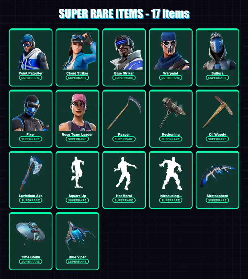 [PC] | Point Patroller | Cloud Striker | Blue Striker | Warpaint | Sultura | 192 skin | 234 pickaxe | 179 emote | 193 glider | Lv2845