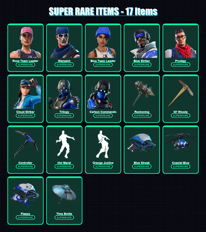[PC/XBOX/PSN] | Rose Team Leader | Warpaint | Blue Team Leader | Blue Striker | Prodigy | 100 skin | 124 pickaxe | 105 emote | 124 glider | Lv1659